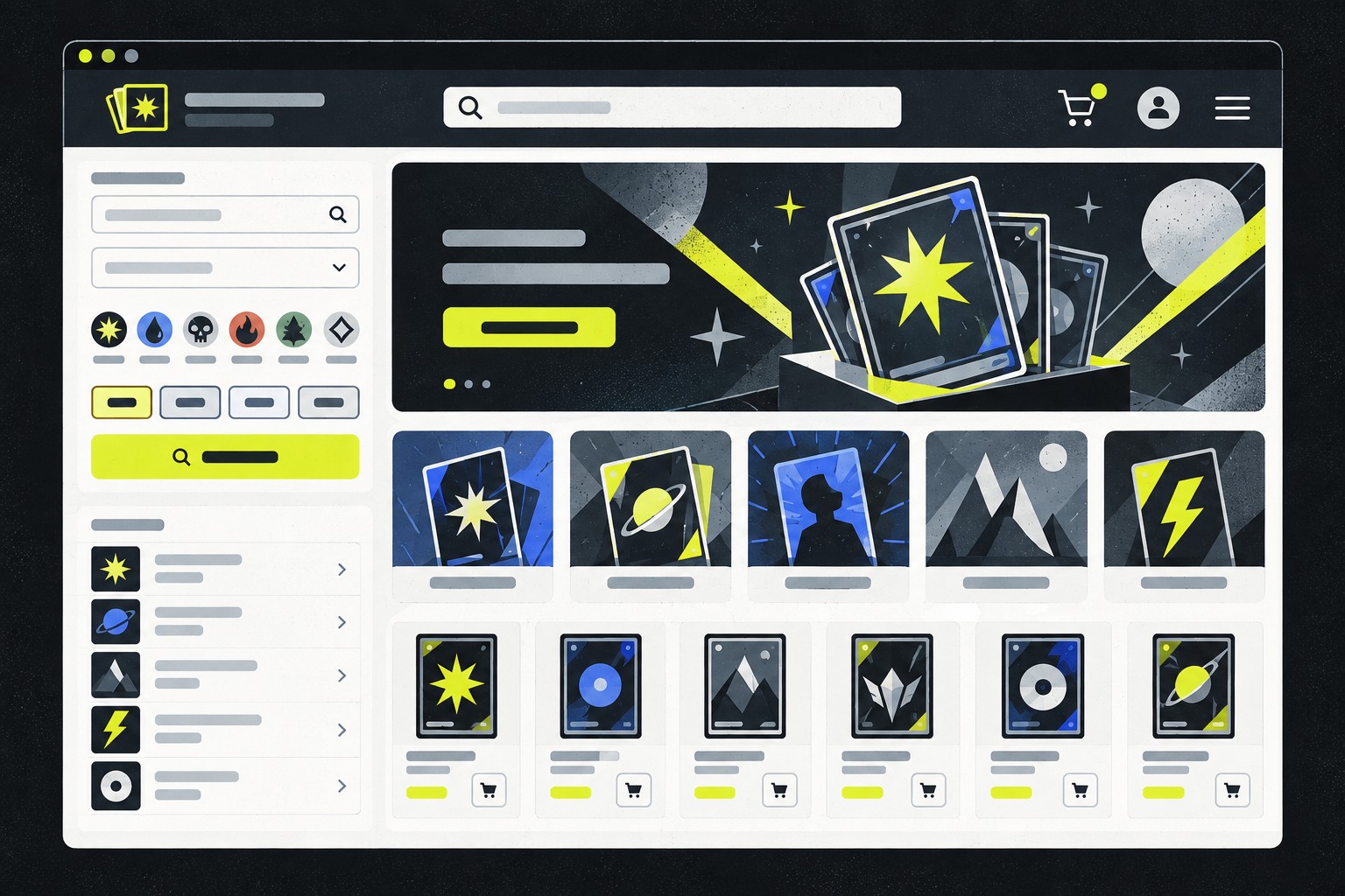 Ilustración de una tienda online de cartas con buscador, filtros y catálogo